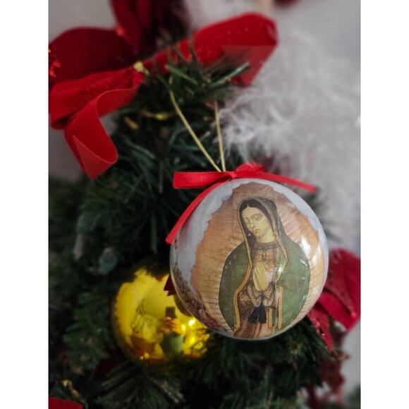 Our Lady of Guadalupe Roses Decoupage Paper Mache Christmas Ornament - Picture 1 of 4